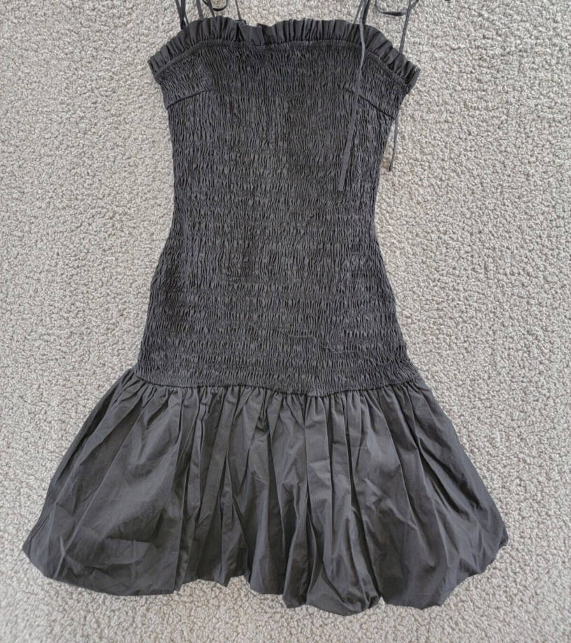 En Saison Smocked Bubble Hem Mini Dress Women's S Black Square Neck Tie Closure