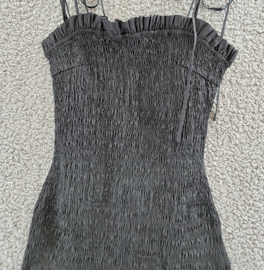 En Saison Smocked Bubble Hem Mini Dress Women's S Black Square Neck Tie Closure