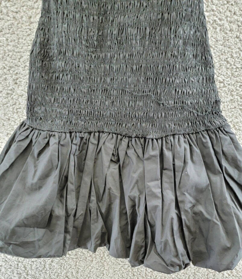 En Saison Smocked Bubble Hem Mini Dress Women's S Black Square Neck Tie Closure