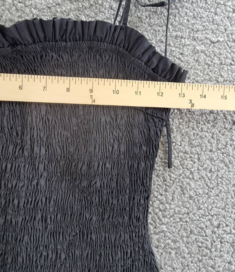 En Saison Smocked Bubble Hem Mini Dress Women's S Black Square Neck Tie Closure