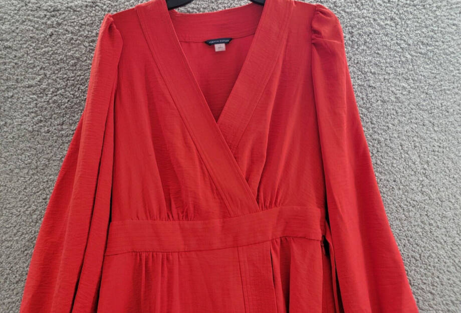Tommy Hilfiger Faux-Wrap Blouson-Sleeve Midi Dress Womens 4 Red Side Zip Closure