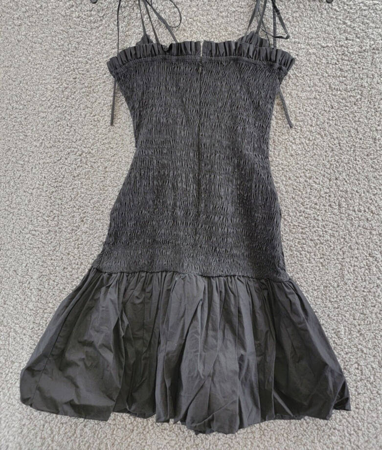 En Saison Smocked Bubble Hem Mini Dress Women's S Black Square Neck Tie Closure