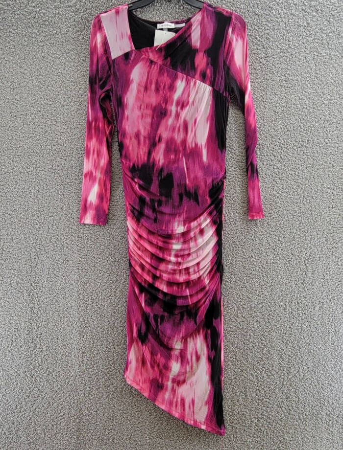 Calvin Klein Printed Ruched Asymmetrical Midi Dress Women's S Multi Long Sleeve