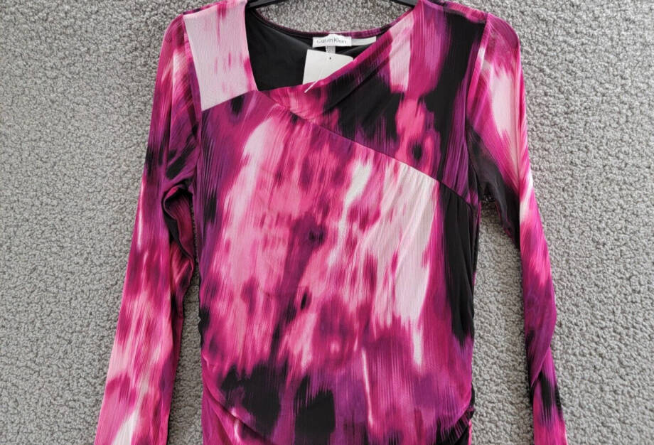 Calvin Klein Printed Ruched Asymmetrical Midi Dress Women's S Multi Long Sleeve