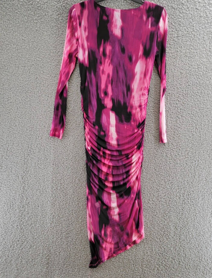 Calvin Klein Printed Ruched Asymmetrical Midi Dress Women's S Multi Long Sleeve
