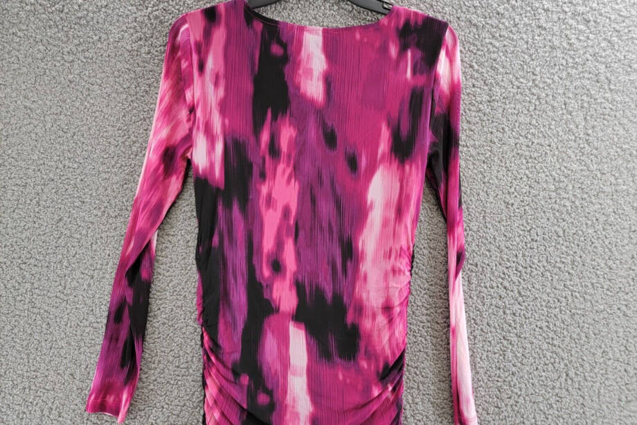 Calvin Klein Printed Ruched Asymmetrical Midi Dress Women's S Multi Long Sleeve