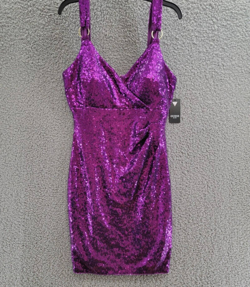 GUESS Sequined V-Neck O-Ring-Strap Dress Women's 12 Purple Back Zip Closure