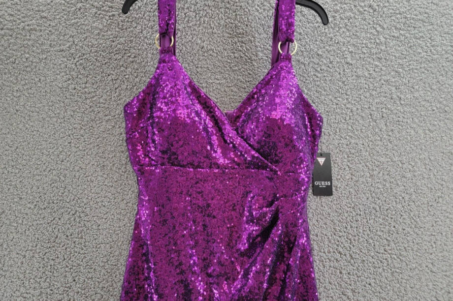 GUESS Sequined V-Neck O-Ring-Strap Dress Women's 12 Purple Back Zip Closure