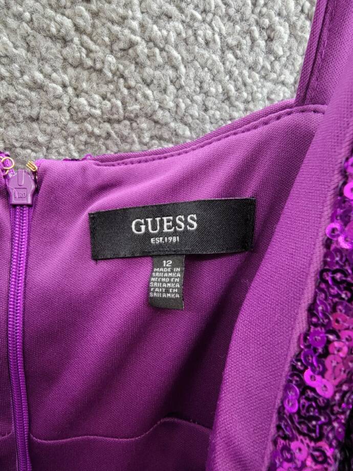 GUESS Sequined V-Neck O-Ring-Strap Dress Women's 12 Purple Back Zip Closure