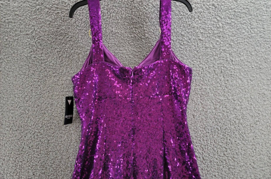GUESS Sequined V-Neck O-Ring-Strap Dress Women's 12 Purple Back Zip Closure