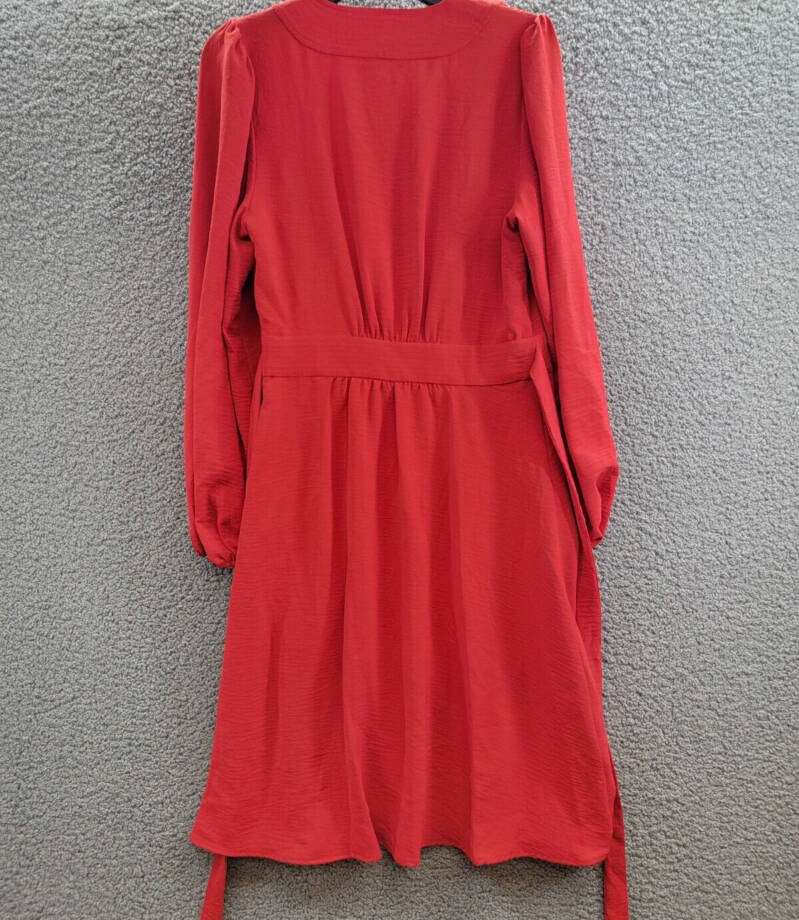 Tommy Hilfiger Faux-Wrap Blouson-Sleeve Midi Dress Womens 4 Red Side Zip Closure