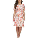 DKNY Printed Flutter-Sleeve Tie-Waist Dress Women's 2 Multicolor Back Zip S/S