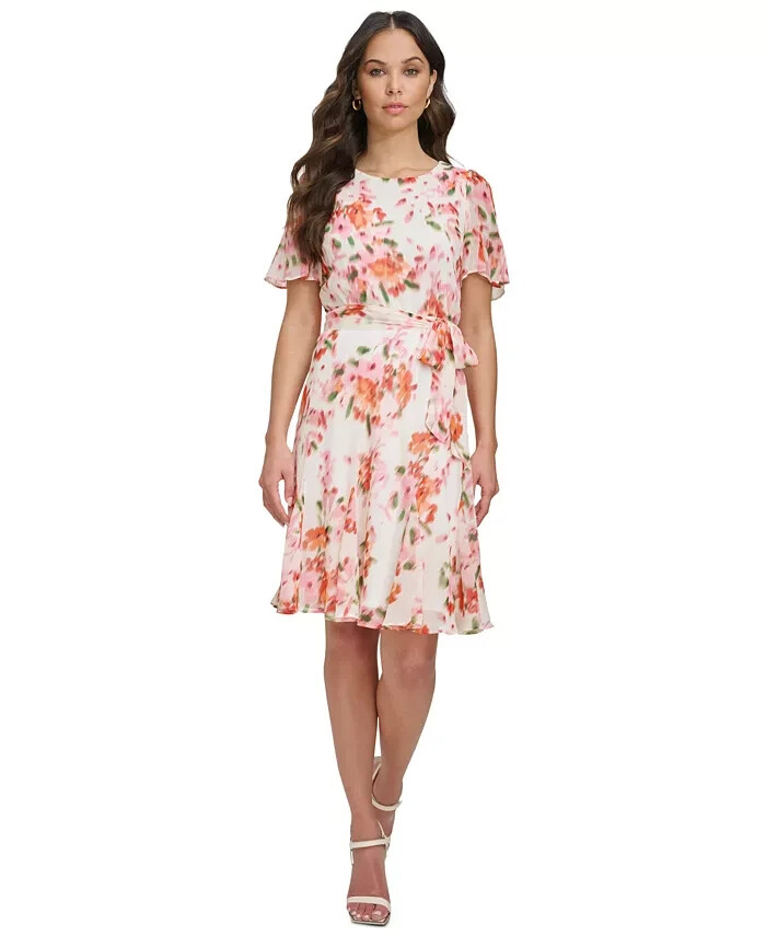 DKNY Printed Flutter-Sleeve Tie-Waist Dress Women's 2 Multicolor Back Zip S/S