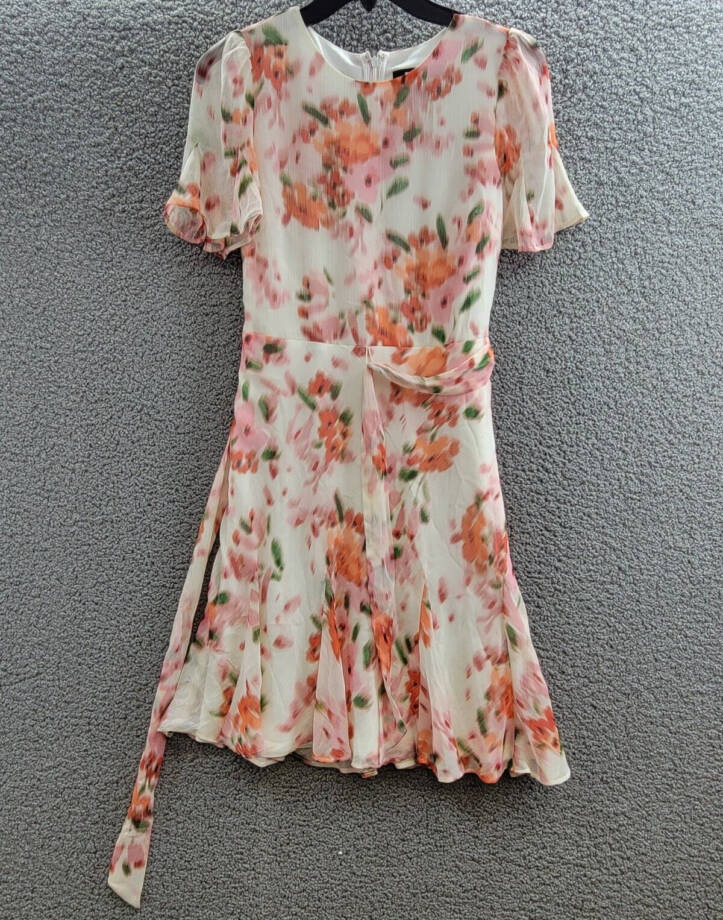 DKNY Printed Flutter-Sleeve Tie-Waist Dress Women's 2 Multicolor Back Zip S/S