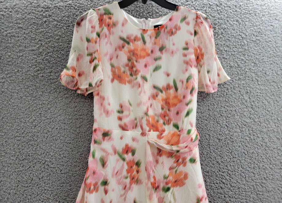 DKNY Printed Flutter-Sleeve Tie-Waist Dress Women's 2 Multicolor Back Zip S/S