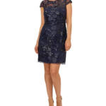 Adrianna Papell Sequined Embroidered Dress Women's 2 Navy Boat Neck Back Zip