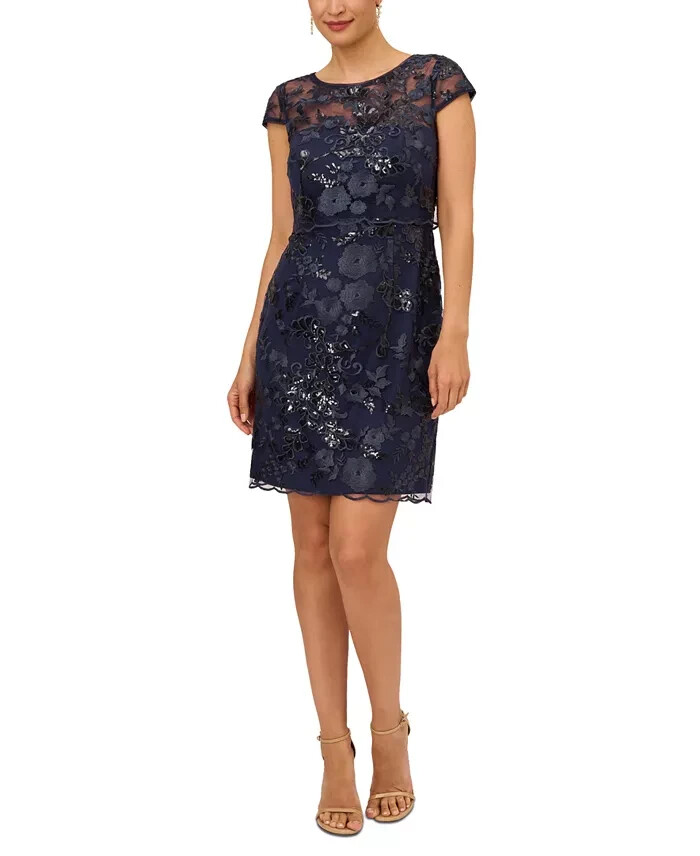 Adrianna Papell Sequined Embroidered Dress Women's 2 Navy Boat Neck Back Zip