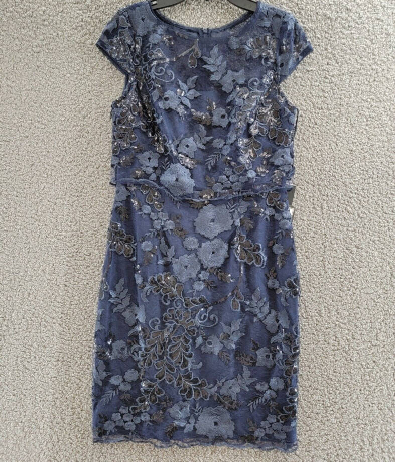 Adrianna Papell Sequined Embroidered Dress Women's 2 Navy Boat Neck Back Zip