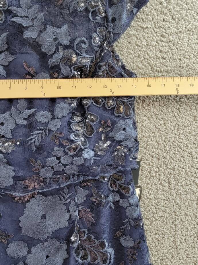 Adrianna Papell Sequined Embroidered Dress Women's 2 Navy Boat Neck Back Zip