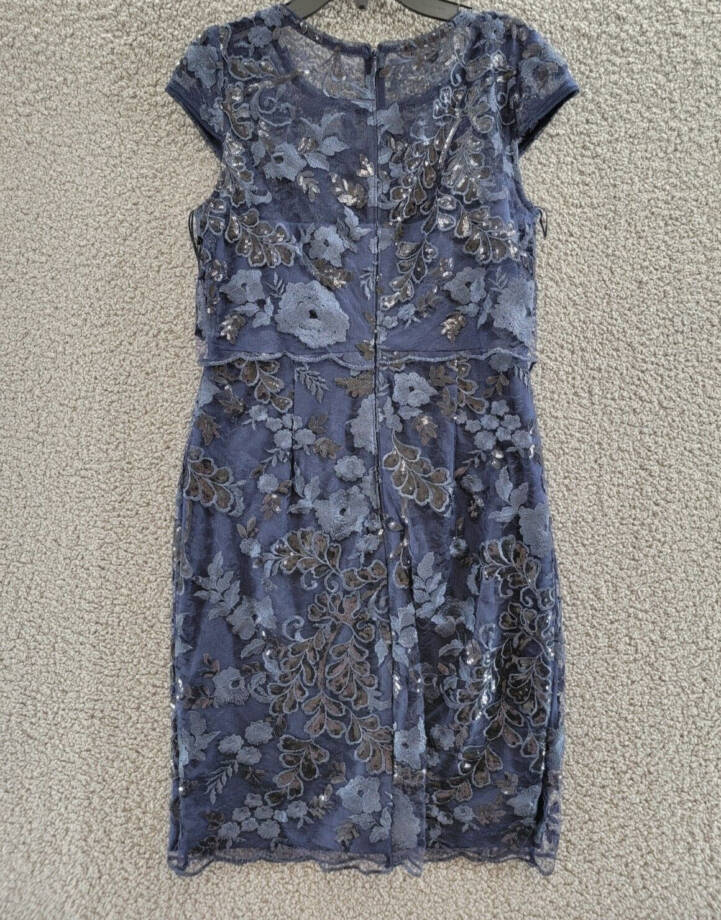 Adrianna Papell Sequined Embroidered Dress Women's 2 Navy Boat Neck Back Zip