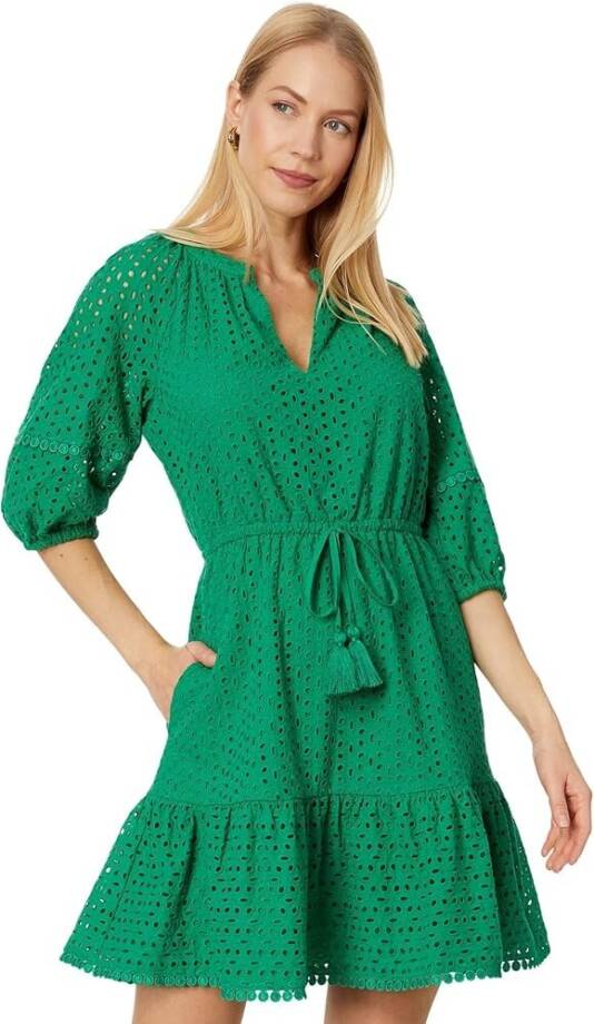 Vince Camuto Eyelet Tasseled-Drawstring Dress Women's 12 Green Pullover Style