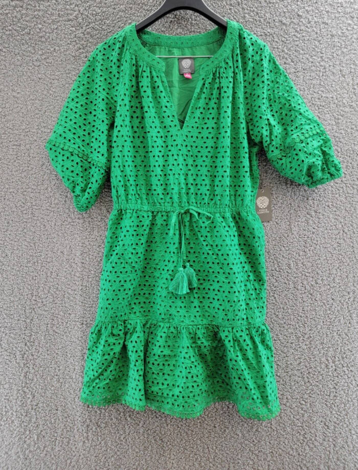 Vince Camuto Eyelet Tasseled-Drawstring Dress Women's 12 Green Pullover Style