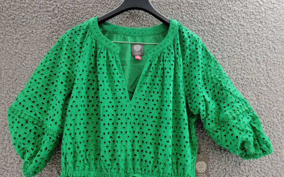 Vince Camuto Eyelet Tasseled-Drawstring Dress Women's 12 Green Pullover Style
