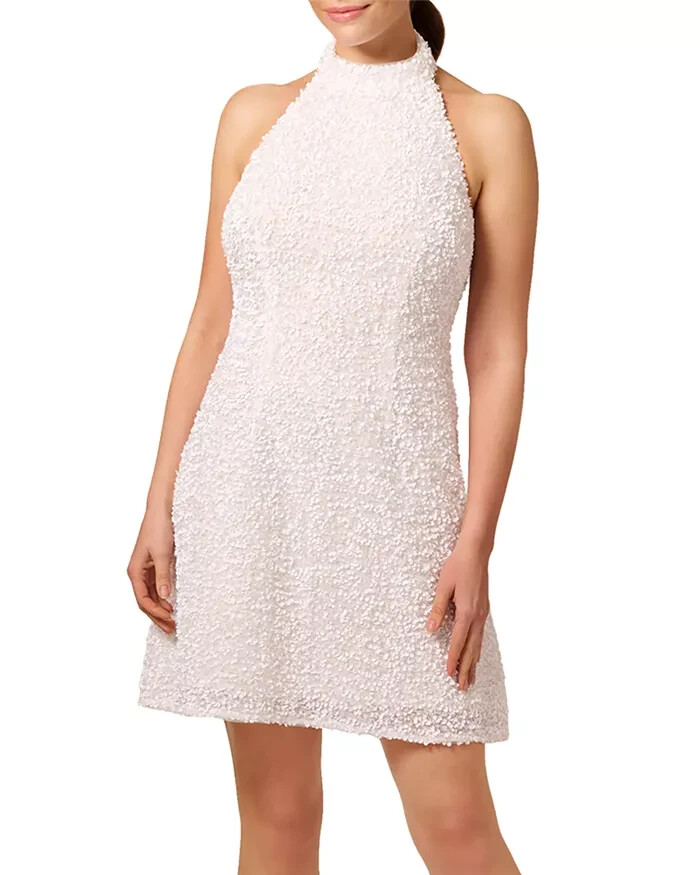 Liv Foster Sequin Halter Mini Dress Women's 8 Ivory Open Back Button Zip Closure