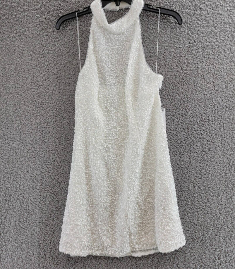 Liv Foster Sequin Halter Mini Dress Women's 8 Ivory Open Back Button Zip Closure