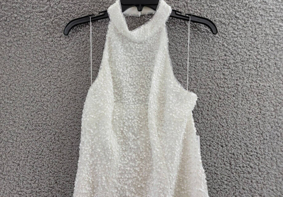 Liv Foster Sequin Halter Mini Dress Women's 8 Ivory Open Back Button Zip Closure