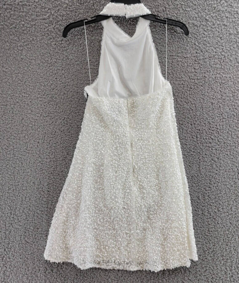 Liv Foster Sequin Halter Mini Dress Women's 8 Ivory Open Back Button Zip Closure