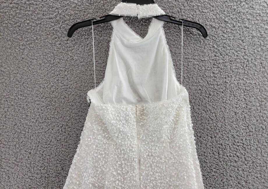 Liv Foster Sequin Halter Mini Dress Women's 8 Ivory Open Back Button Zip Closure