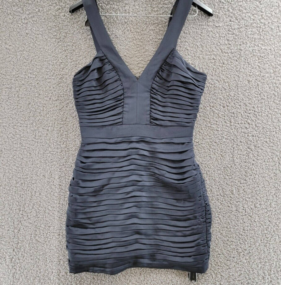 Ramy Brook Anika Pleated Bodycon Dress Women's 6 Navy V-Neck Back Zip Closure
