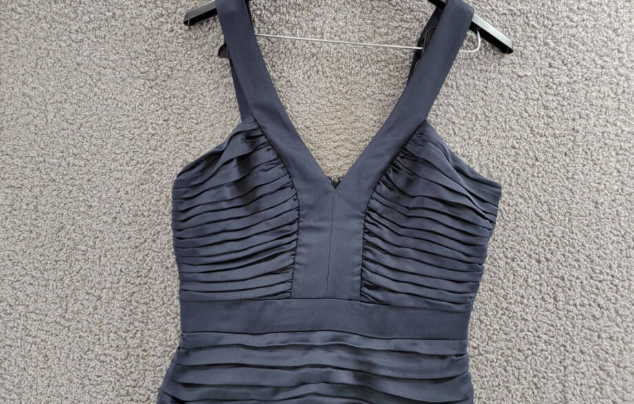Ramy Brook Anika Pleated Bodycon Dress Women's 6 Navy V-Neck Back Zip Closure
