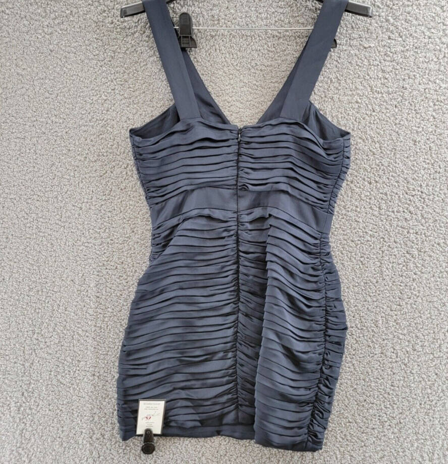 Ramy Brook Anika Pleated Bodycon Dress Women's 6 Navy V-Neck Back Zip Closure