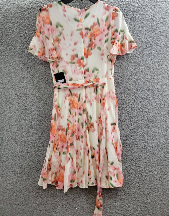 DKNY Printed Flutter-Sleeve Tie-Waist Dress Women's 2 Multicolor Back Zip S/S