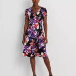 Lauren Ralph Lauren Floral Stretch Jersey Surplice Dress Women's 12 Multi Zip Up