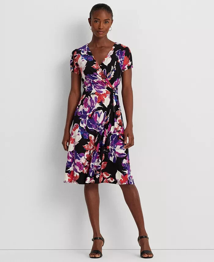 Lauren Ralph Lauren Floral Stretch Jersey Surplice Dress Women's 12 Multi Zip Up