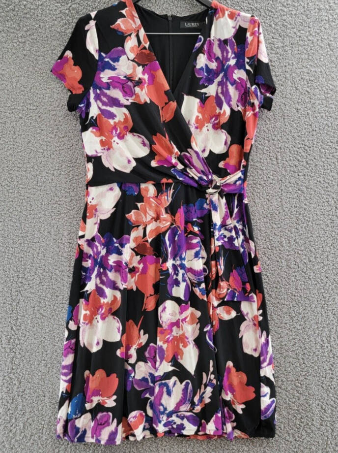 Lauren Ralph Lauren Floral Stretch Jersey Surplice Dress Women's 12 Multi Zip Up