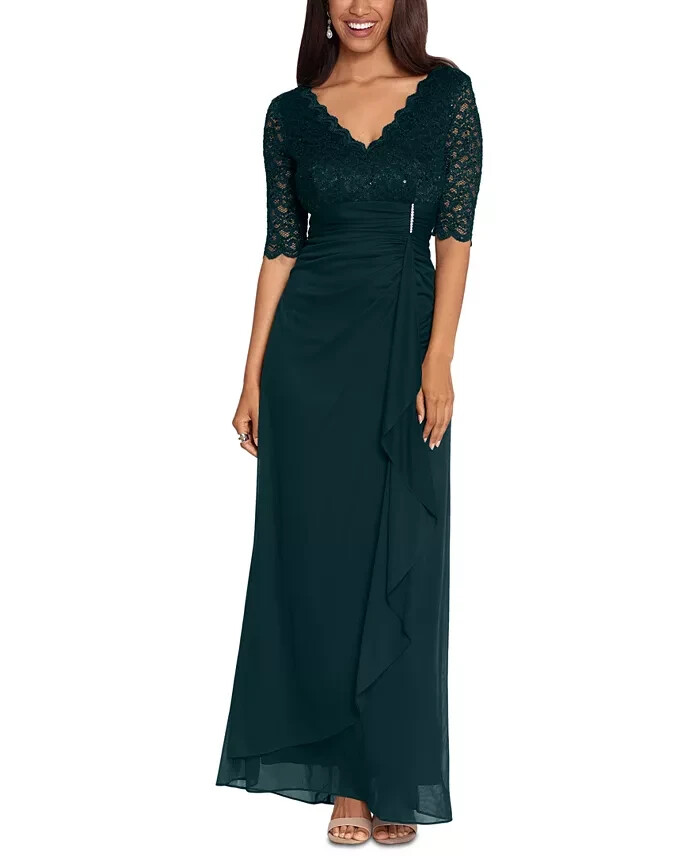 B&A by Betsy & Adam Lace V-Neck Evening Dress Women's 12 Pine Back Zip Closure