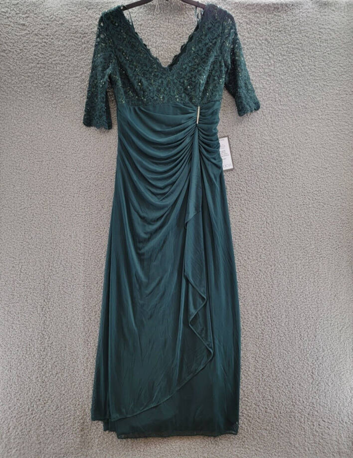 B&A by Betsy & Adam Lace V-Neck Evening Dress Women's 12 Pine Back Zip Closure