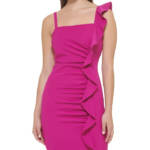 Guess Ruffled Bodycon Dress Women's 4 Fuchsia Straight Neck Sleeveless Back Zip
