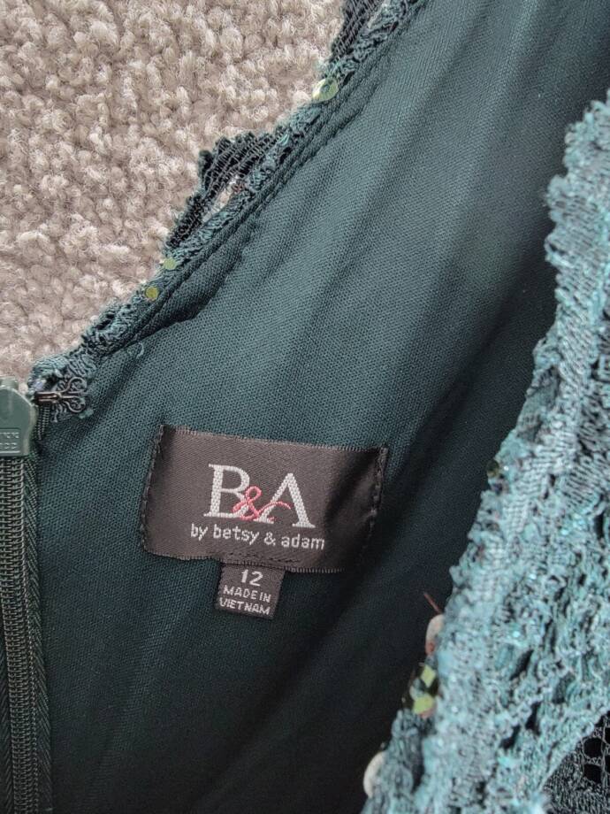 B&A by Betsy & Adam Lace V-Neck Evening Dress Women's 12 Pine Back Zip Closure