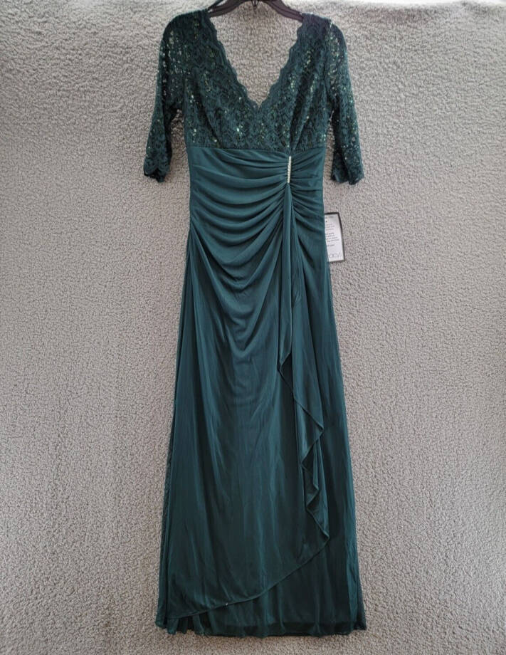 B&A by Betsy & Adam Lace V-Neck Evening Dress Women's 6 Pine Back Zip Closure