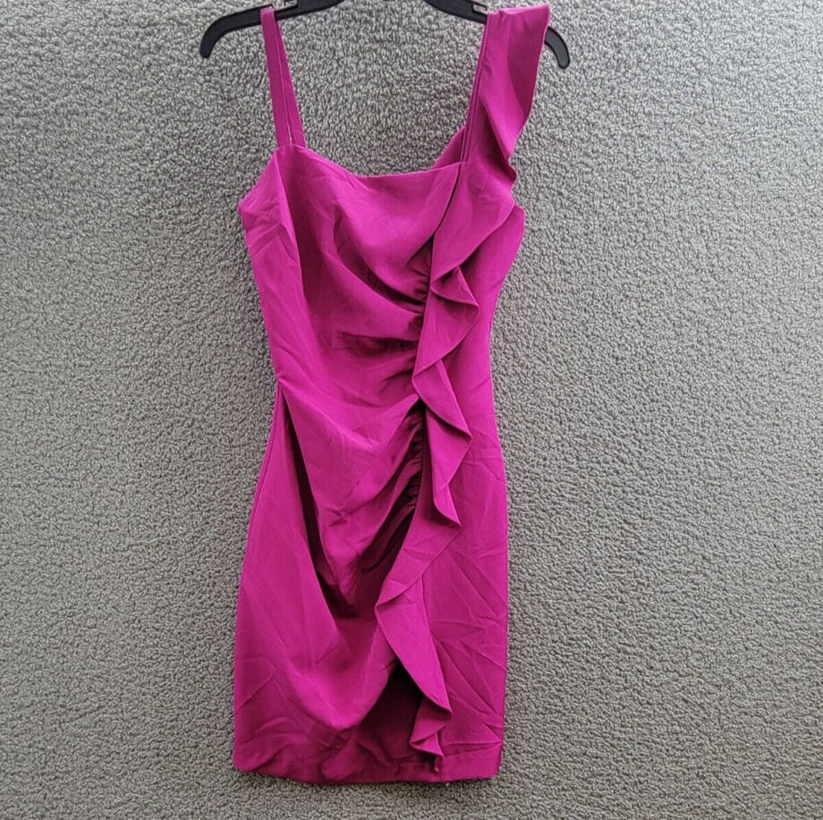 Guess Ruffled Bodycon Dress Women's 4 Fuchsia Straight Neck Sleeveless Back Zip