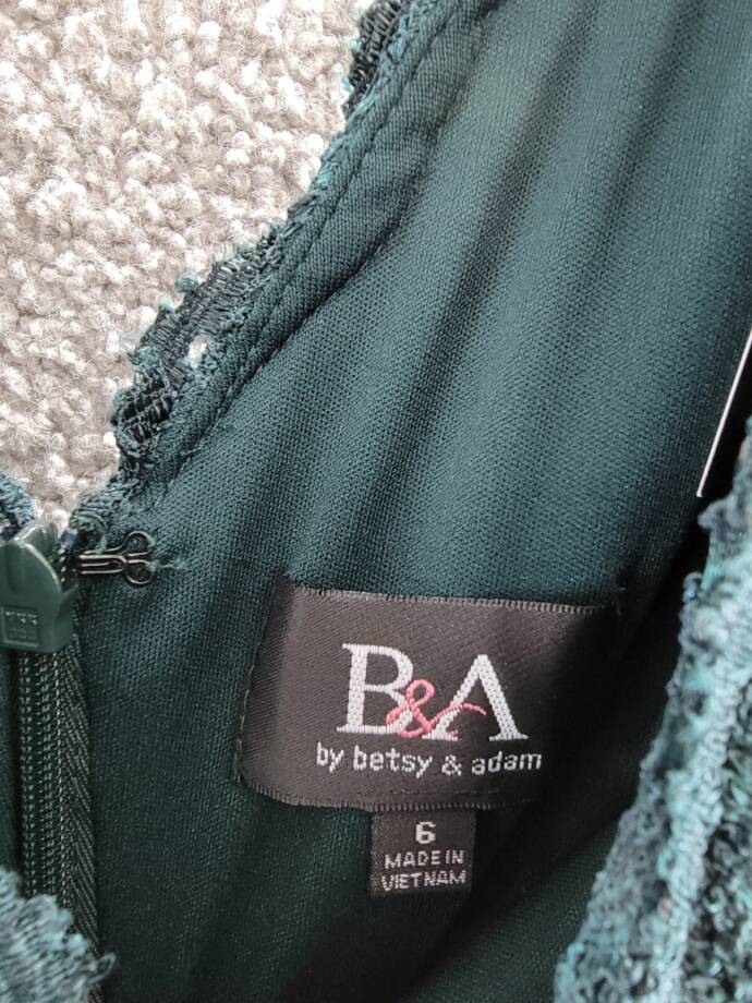 B&A by Betsy & Adam Lace V-Neck Evening Dress Women's 6 Pine Back Zip Closure
