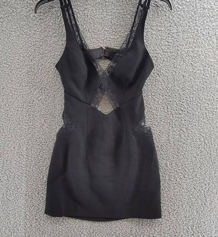 Bardot Marzanna Lace Trim Mini Dress Women's S Black Deep V-Neck Button Zip Back