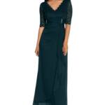 Betsy & Adam Lace-Top Waterfall-Detail Gown Women's 8 Pine Back Zip Closure