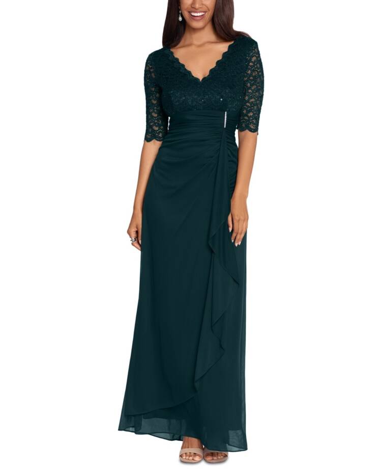 Betsy & Adam Lace-Top Waterfall-Detail Gown Women's 8 Pine Back Zip Closure