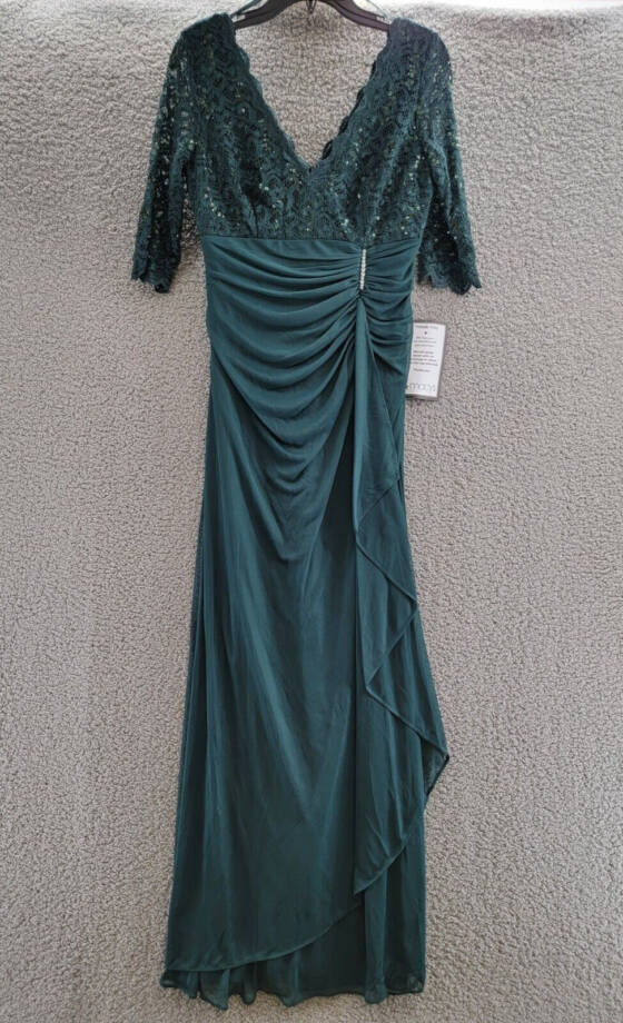 Betsy & Adam Lace-Top Waterfall-Detail Gown Women's 8 Pine Back Zip Closure